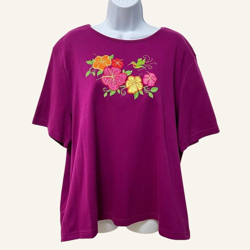 Breckenridge Womens Purple Short Sleeve Tee 3X Floral Embroidery